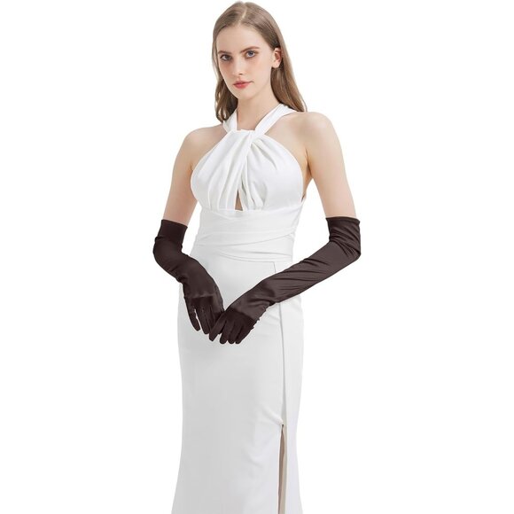Women's Brown Long Imported Satin Elbow Length Halloween Cosplay Opera Gloves - Picture 3 of 7